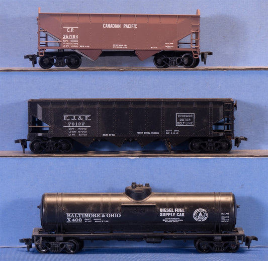 3 Athearn Freight Cars-Canadian Pacific & EJ&E Hoppers Baltimore & Ohio Tank Car